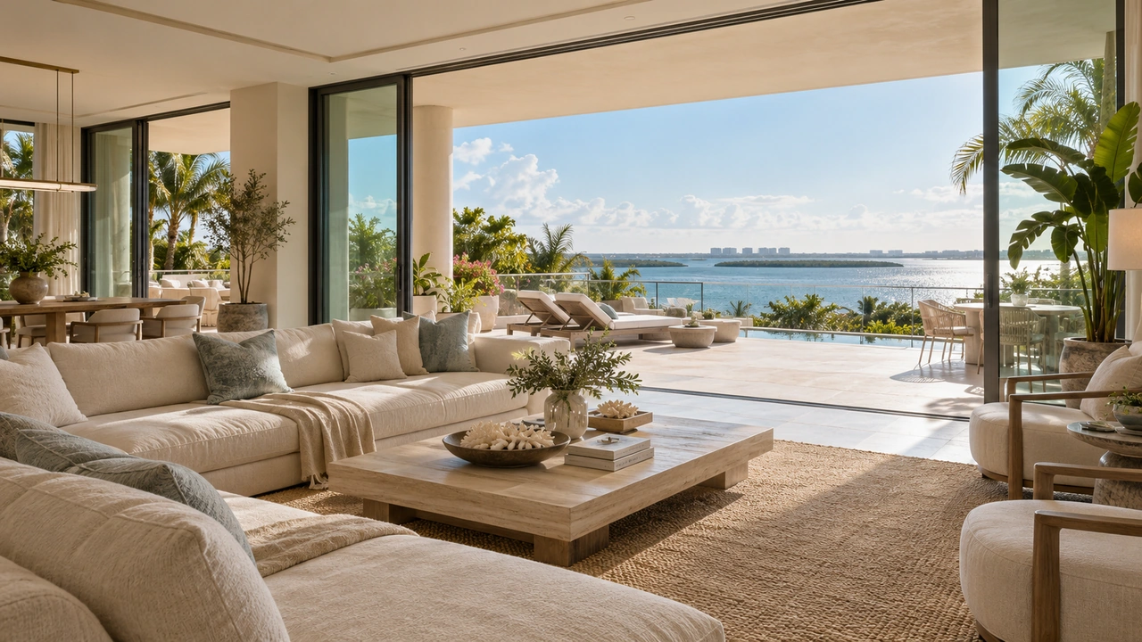 رسم مولّد بالذكاء الاصطناعي: غرفة معيشة وشرفة لشقة ساحلية مستوحاة من Fisher Island