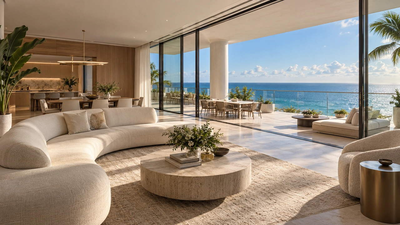 رسم مولّد بالذكاء الاصطناعي: شقة ساحلية فاخرة وشرفة واسعة مستوحاة من Bal Harbour