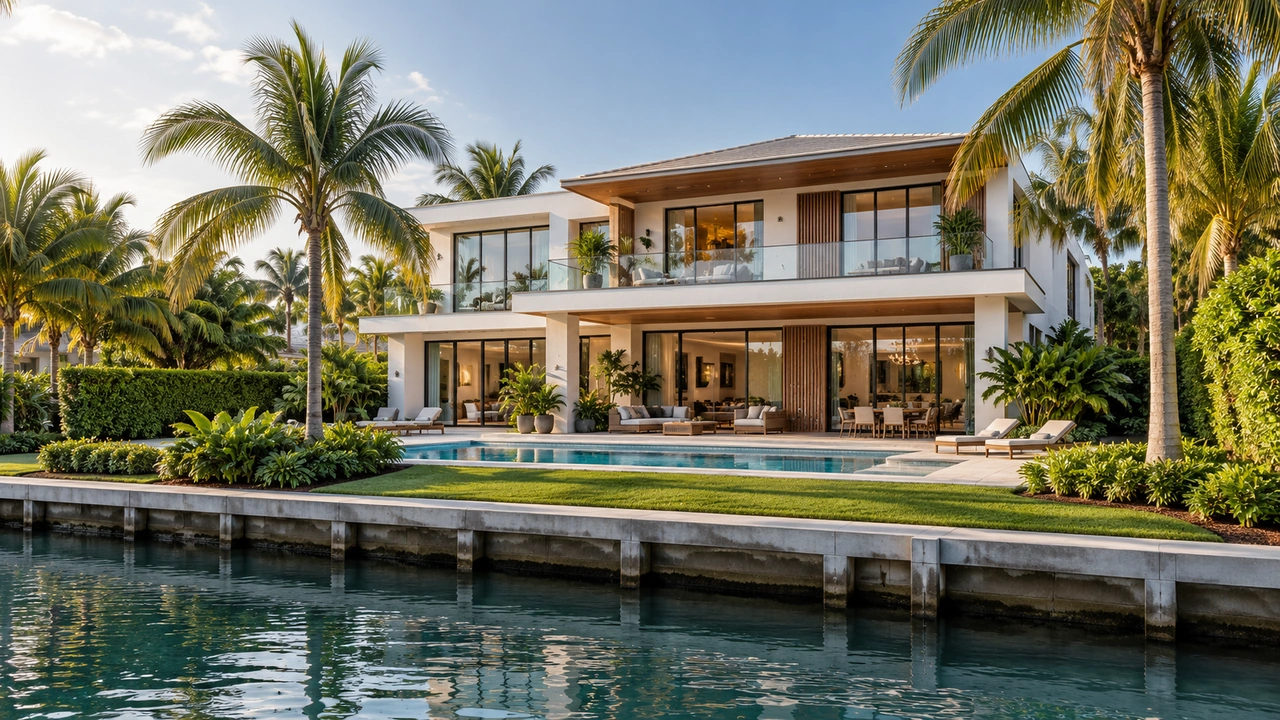 رسم مولّد بالذكاء الاصطناعي: منزل وحديقة على قناة مستوحيان من Atlantic Isle في Sunny Isles Beach