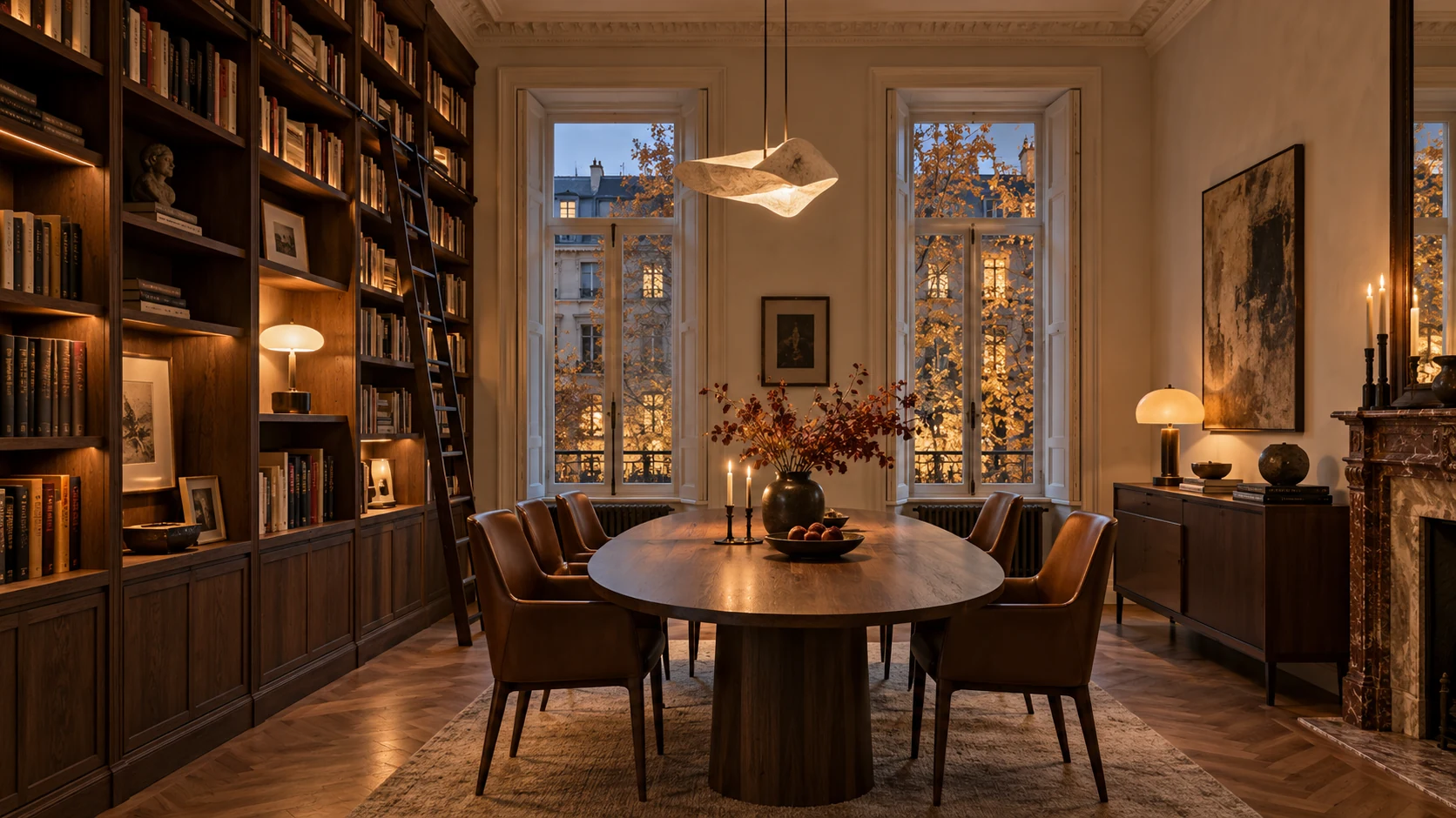 KI-generierte Illustration: eine fiktive Wohnungsbibliothek mit Esszimmer, inspiriert von Patriarch’s Ponds