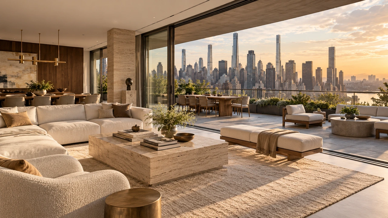 AI-generated illustration of a fictional New York penthouse with an urban terrace