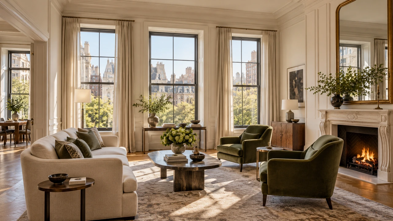 رسم مولّد بالذكاء الاصطناعي يصوّر صالون شقة مستوحى من مباني Upper East Side السابقة للحرب