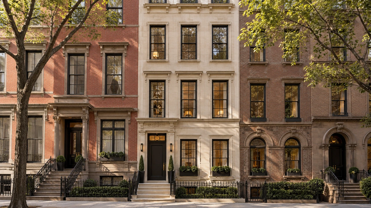 رسم مولّد بالذكاء الاصطناعي يصوّر واجهة تاون هاوس من الحجر الجيري مستوحاة من Upper East Side