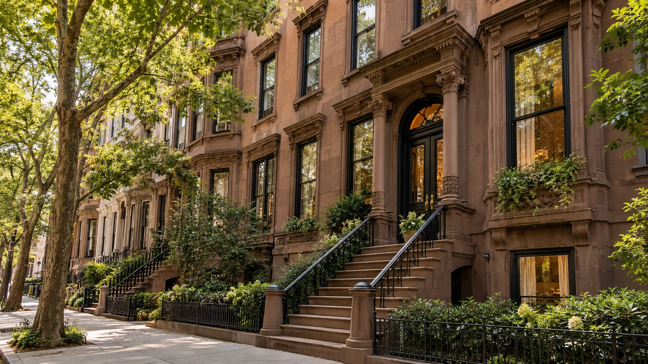رسم مولّد بالذكاء الاصطناعي يصوّر واجهة من الحجر البني ودرج مدخل مستوحيان من Upper West Side