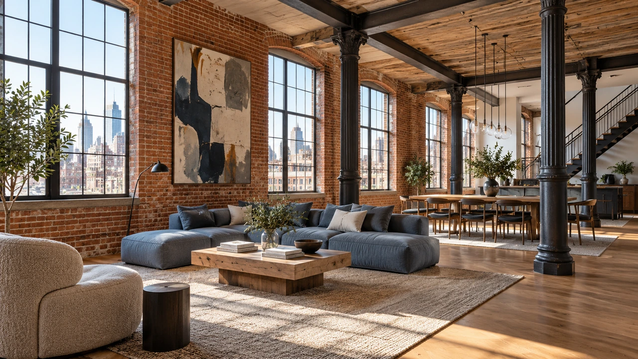 رسم مولّد بالذكاء الاصطناعي يصوّر لوفت سكني بأعمدة صناعية مستوحى من Tribeca