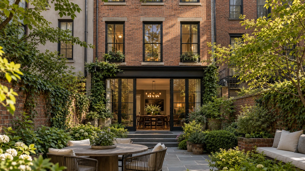 رسم مولّد بالذكاء الاصطناعي يصوّر تاون هاوس وحديقة خلفية صغيرة مستوحيان من West Village