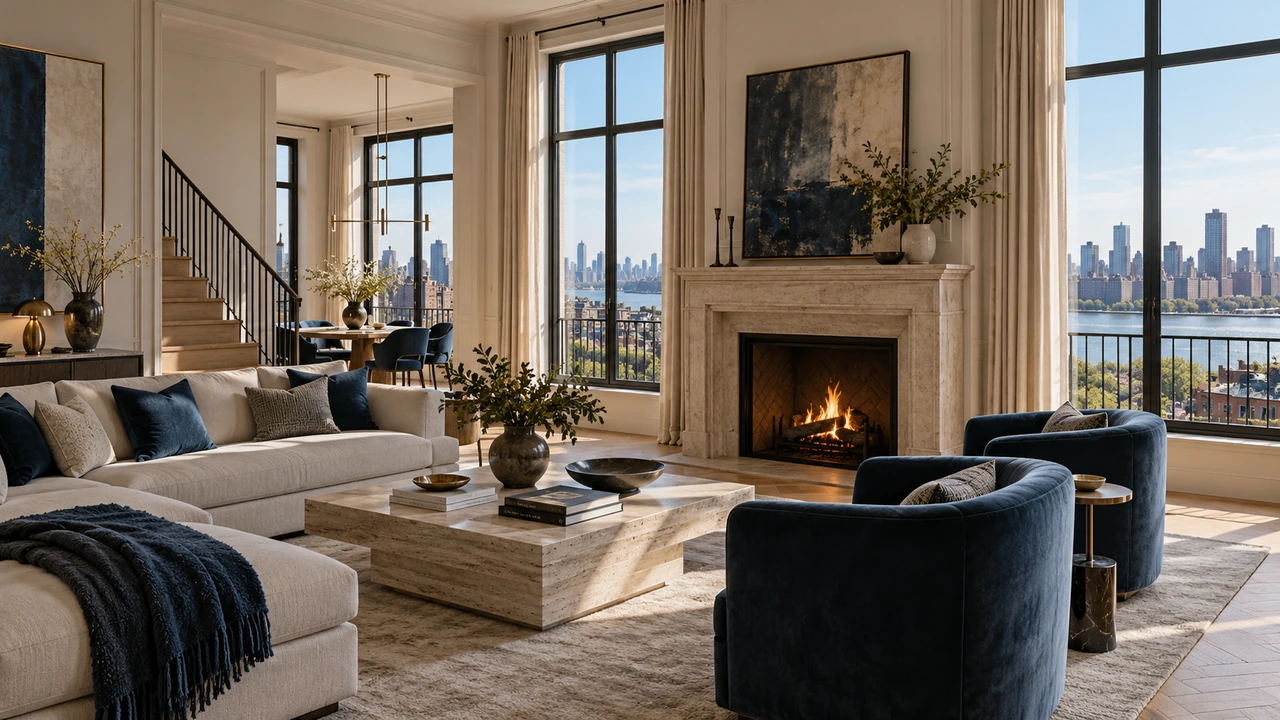 رسم مولّد بالذكاء الاصطناعي يصوّر شقة مستوحاة من Brooklyn Heights بإطلالة نهرية خيالية