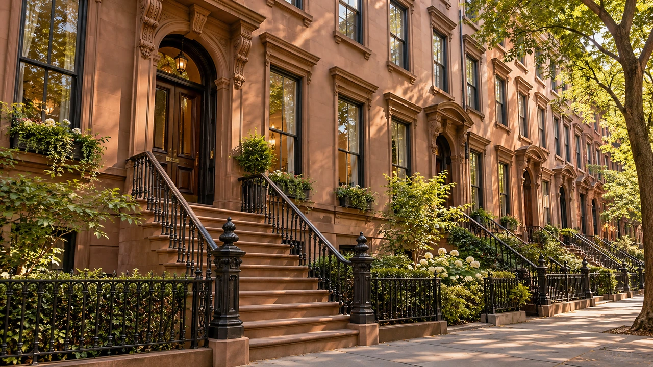 رسم مولّد بالذكاء الاصطناعي يصوّر مشهد شارع بمنازل من الحجر البني مستوحى من Brooklyn Heights