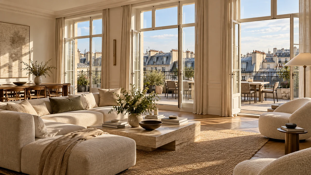AI-generated illustration: Paris penthouse living room opening onto a modest terrace and fictional zinc rooftops.