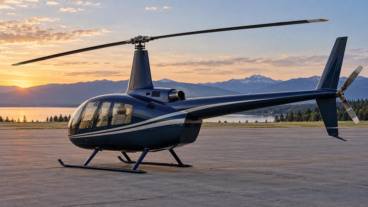Ilustração gerada por IA: Helicóptero leve a turbina azul-marinho de cinco lugares no pátio