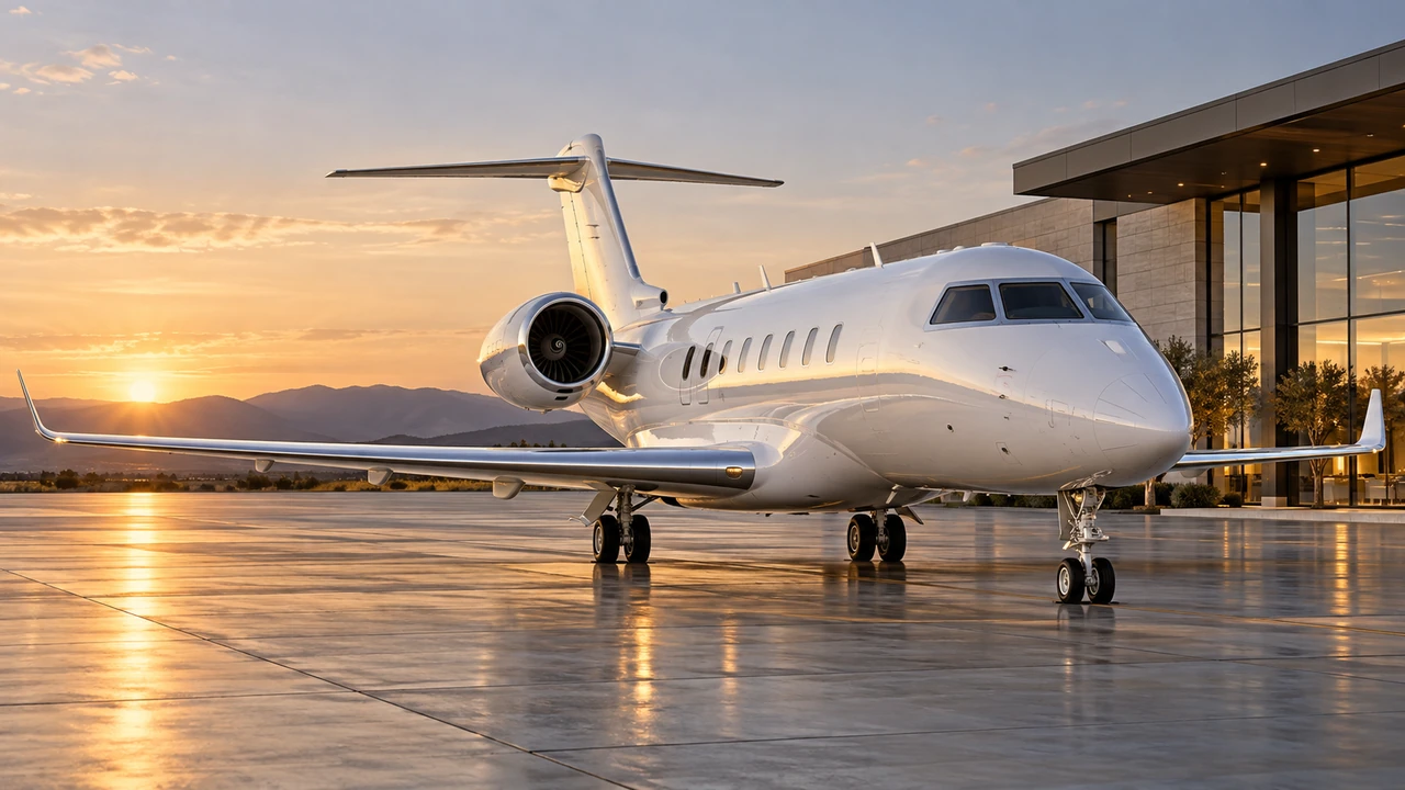 AI-generated illustration: white private jet on an apron beside a modern terminal at sunrise