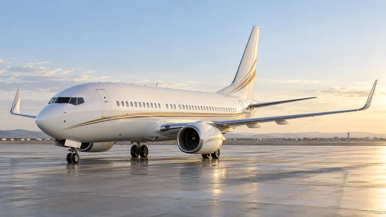 AI生成イラスト：VIP旅客機（Boeing BBJ、Airbus ACJ）の外観。白い全機、主翼、脚が空港エプロン上に見える