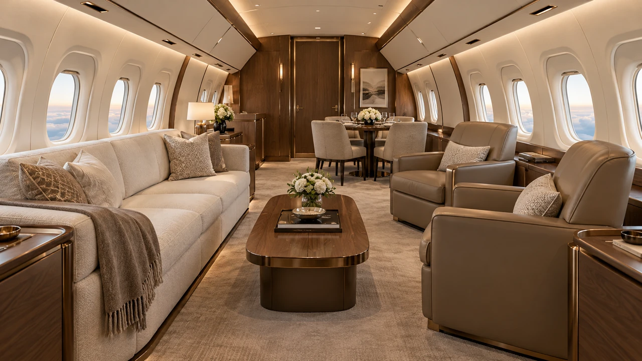 AI生成イラスト：VIP旅客機（Boeing BBJ、Airbus ACJ）客室。クリーム革席、木製テーブル、窓、連続通路