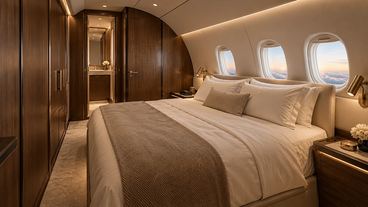 AI生成イラスト：単通路VIP寝室。クリーム色寝具、クルミ材収納、小さな航空機窓3枚