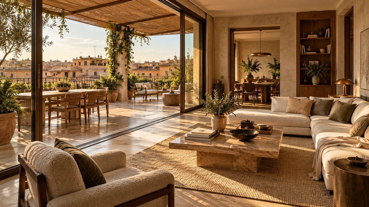 AI-generated illustration of a Roman penthouse living room opening to a shaded terrace