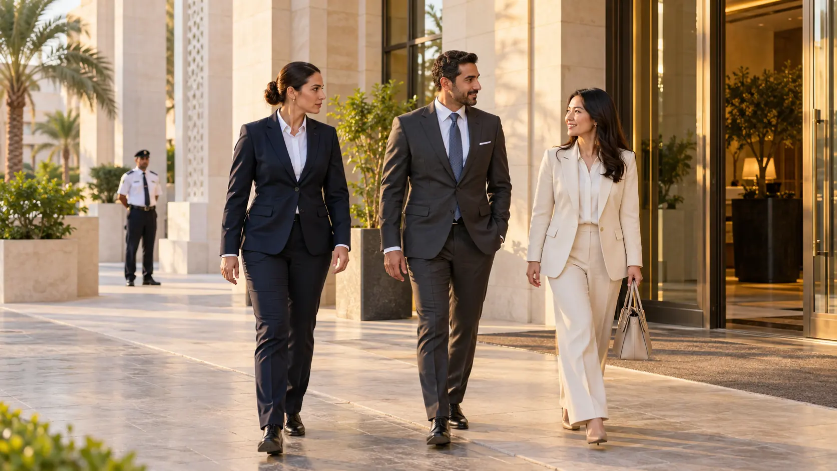 KI-Illustration von fiktiven Führungskräften und einem diskreten Personenschützer vor einem Businesshotel in Dubai.
