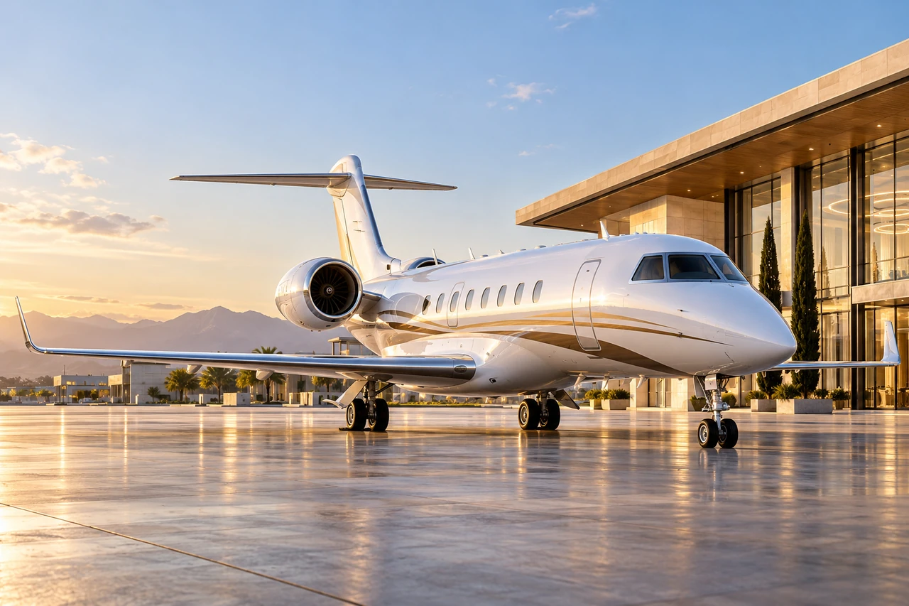 Jet ejecutivo sin marcas junto a una terminal ficticia — 00