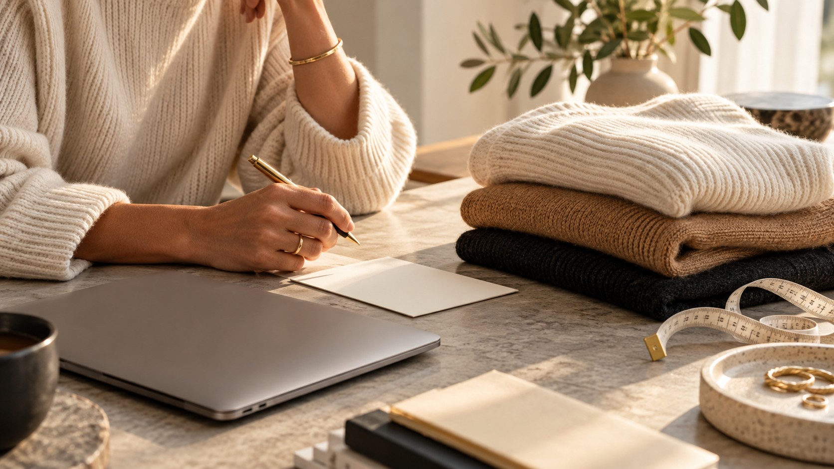A shopper planning a purchase beside a closed laptop and folded knitwear. — AI-generated illustration