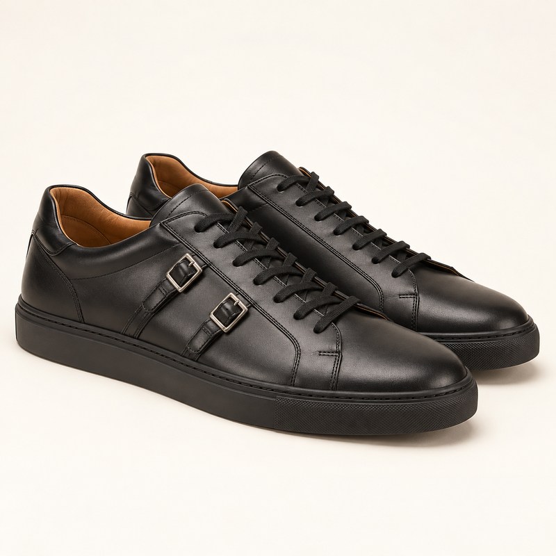 Santoni — Men's black leather Double Buckle Sneaker — AI-generated illustration