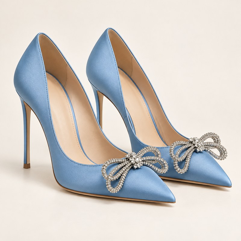 Double Bow Satin Pumps — Ocean Blue — Ilustração gerada por IA